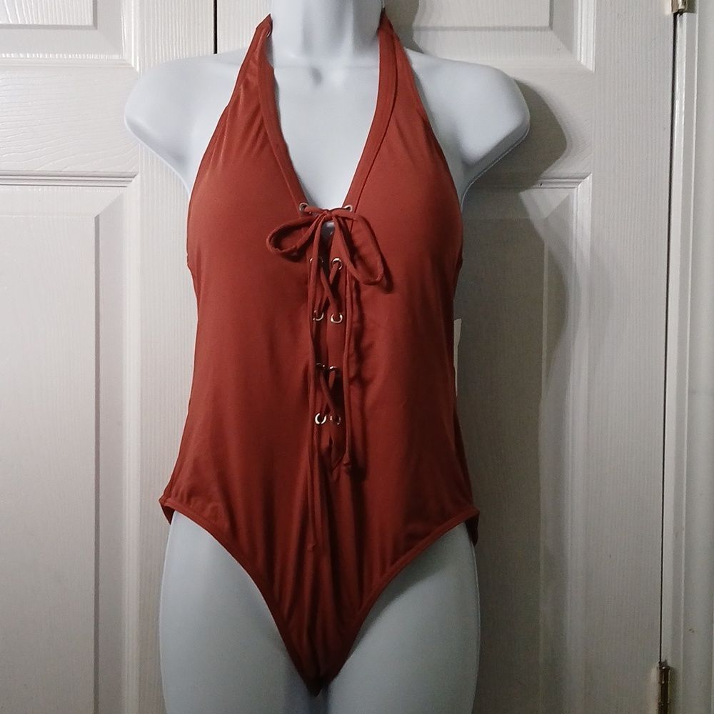 Envya light brown  halter one piece bathing suit tie front  Sz M NWT